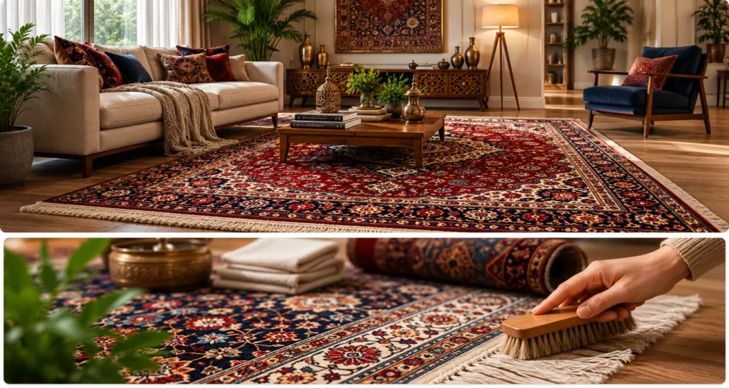 Persian rug positioned to fit a living room seating area