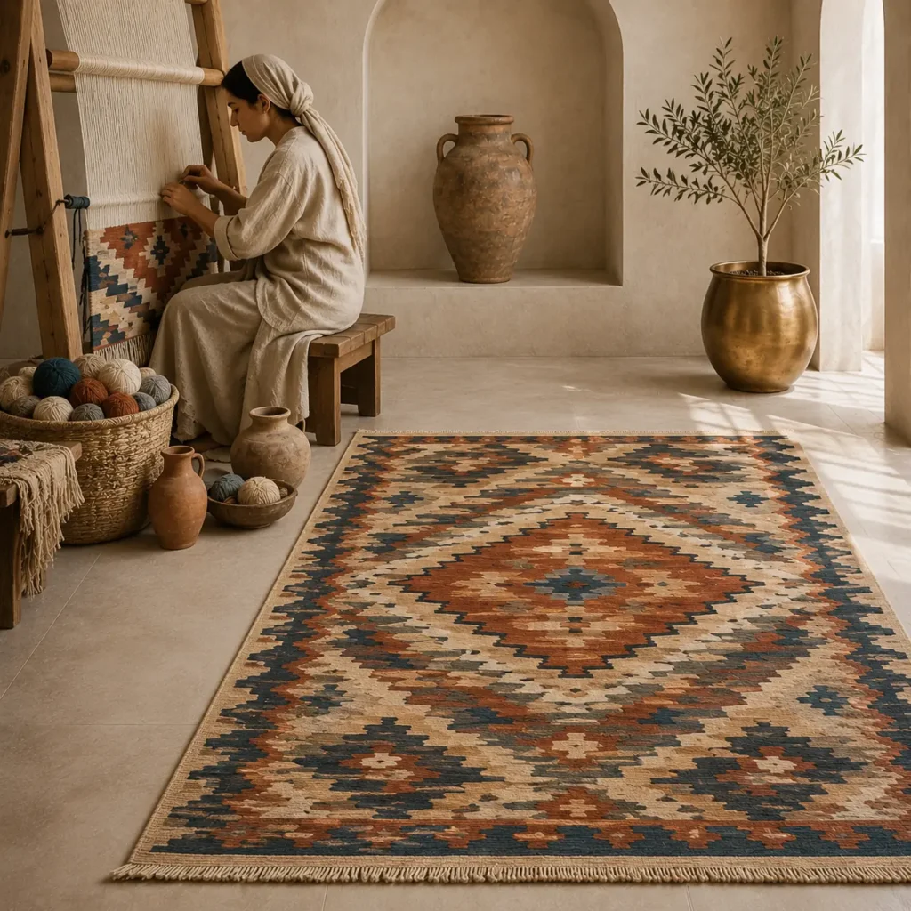 Traditional flatweave kilim rug in a warm interior