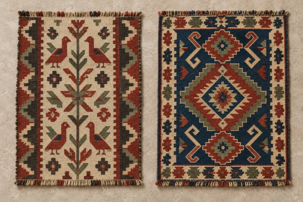 Two illustrative flatwoven rugs, one with birds and plants and the other with geometric medallions, shown side by side